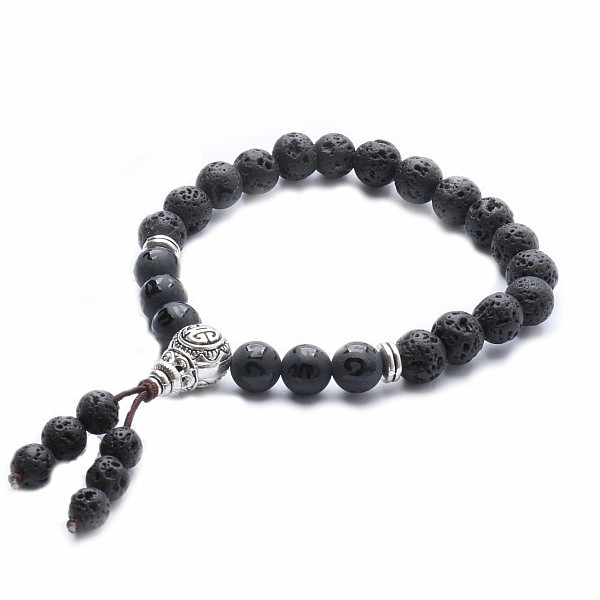 Lávový kámen Buddha Mala náramek s černým achátem - obvod cca 16 až 21 cm