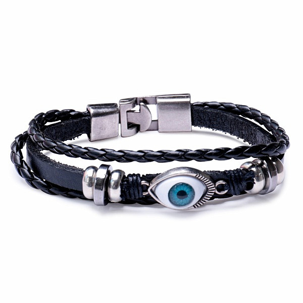 Náramek pánský z černé kůže Evil eye - obvod cca 22 cm