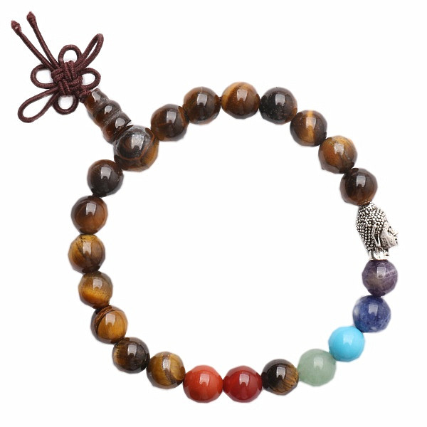 Tygří oko Buddha mala náramek čakrový s hlavou Buddhy - obvod cca 17 až 22 cm