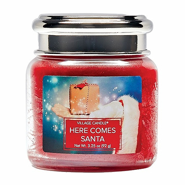 Village candle Here comes Santa - Santova návštěva vonná svíčka ve skle 92 g - cca 92 g