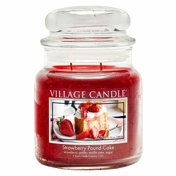 Village candle Strawberry pound cake - jahodový koláč vonná svíčka ve skle 390 g - cca 390 g