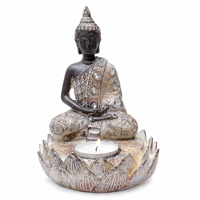 Buddha meditující thajská soška se svícnem pro čajovou svíčku 15 cm - výška cca 15 cm