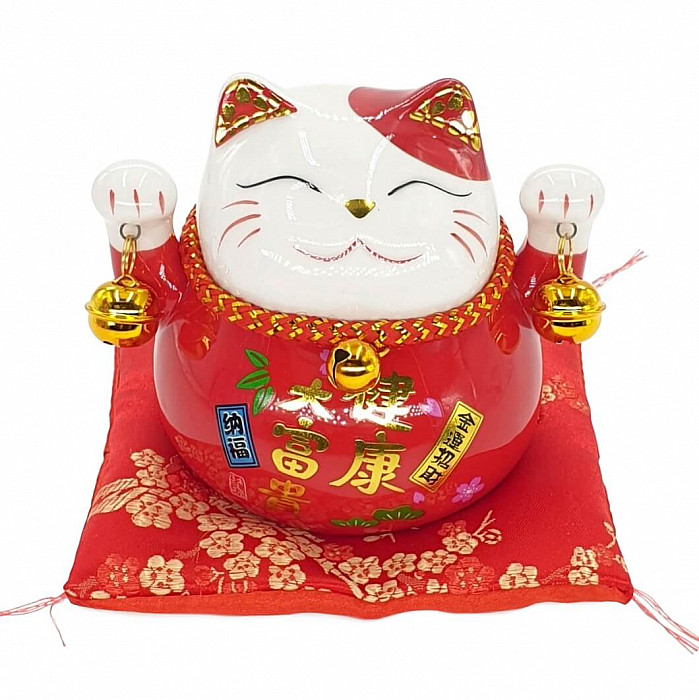 Maneki neko kasička mávající kočka pro štěstí porcelánová soška červená - cca 10 cm