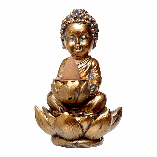 Stojánek pro vonné kužely s tekoucím kouřem Malý Buddha v barvě bronzu - cca 10 cm