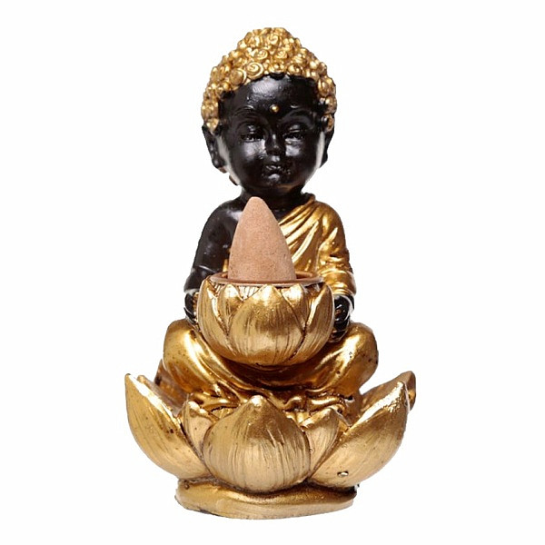 Stojánek pro vonné kužely s tekoucím kouřem Malý Buddha zlatočerný - cca 10 cm