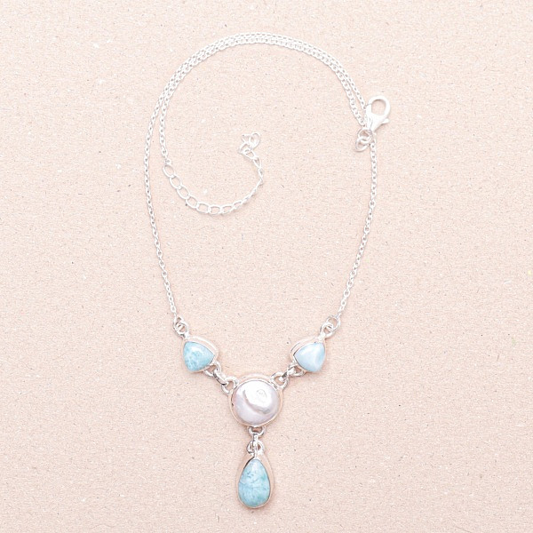 Larimar a perla náhrdelník stříbro Ag 925 14463 - 34