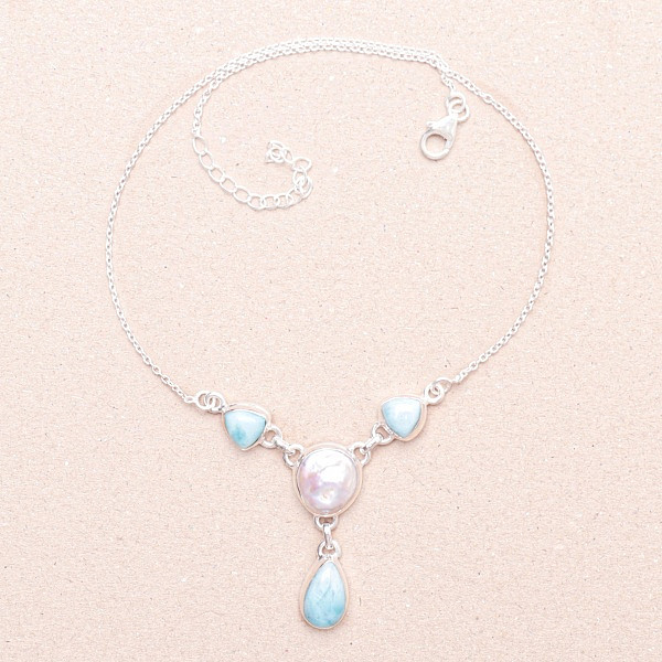 Larimar a perla náhrdelník stříbro Ag 925 14466 - 34