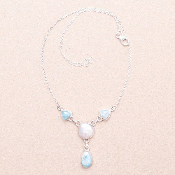 Larimar a perla náhrdelník stříbro Ag 925 14470 - 34