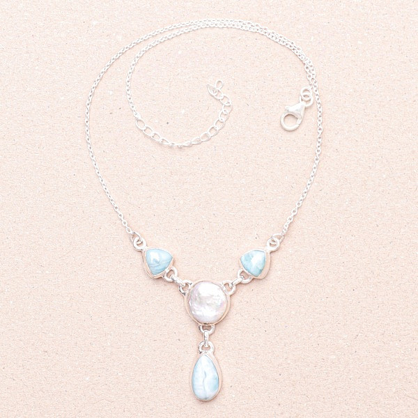 Larimar a perla náhrdelník stříbro Ag 925 14472 - 34