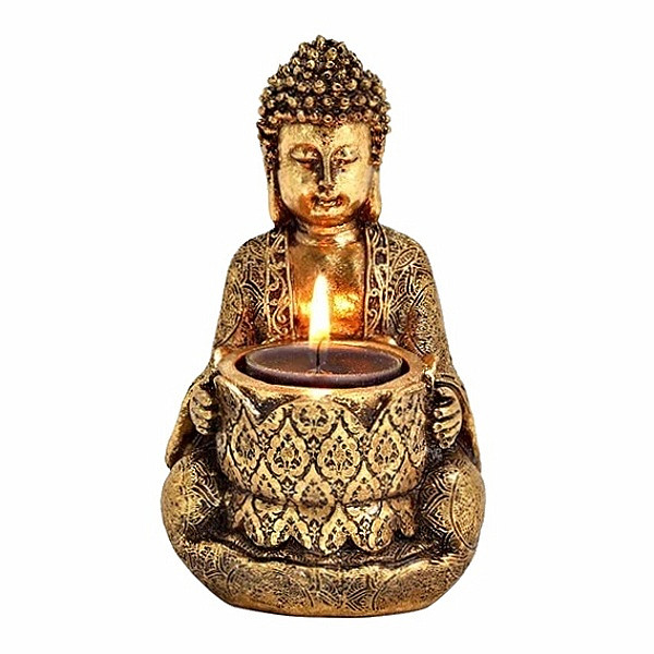 Buddha meditující se stojánkem na čajovou svíčku barva zlata - 14 cm