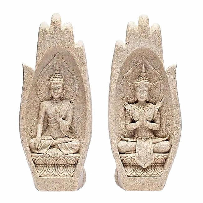 Namaste mudra soška se dvěma Buddhy - béžová - cca 21 cm