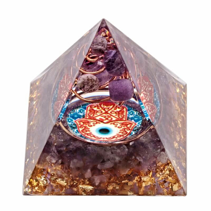 Orgonit pyramida Hamsa s ametystem - 5 x 5 x 5