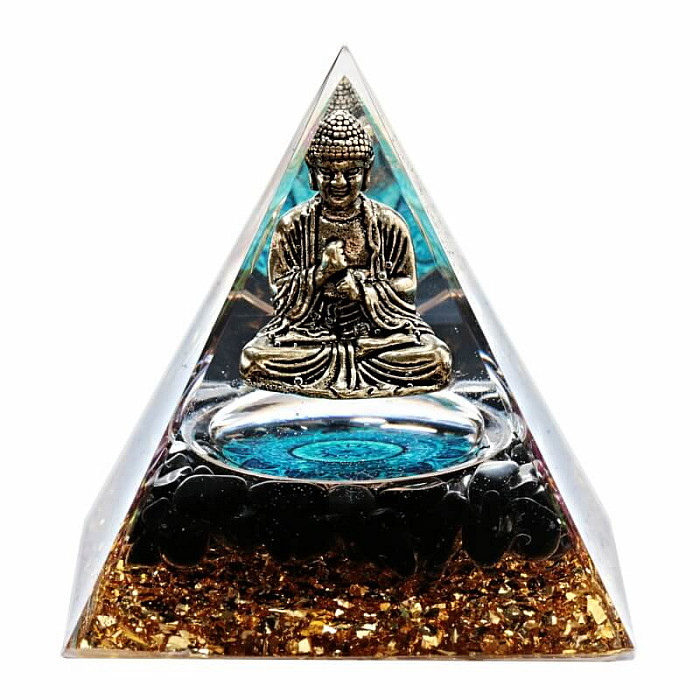 Orgonit pyramida Meditující Buddha s černým achátem - 6 x 6 x 6