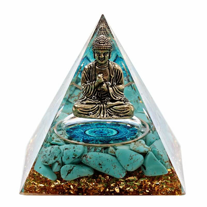 Orgonit pyramida Meditující Buddha s tyrkenitem - 6 x 6 x 6