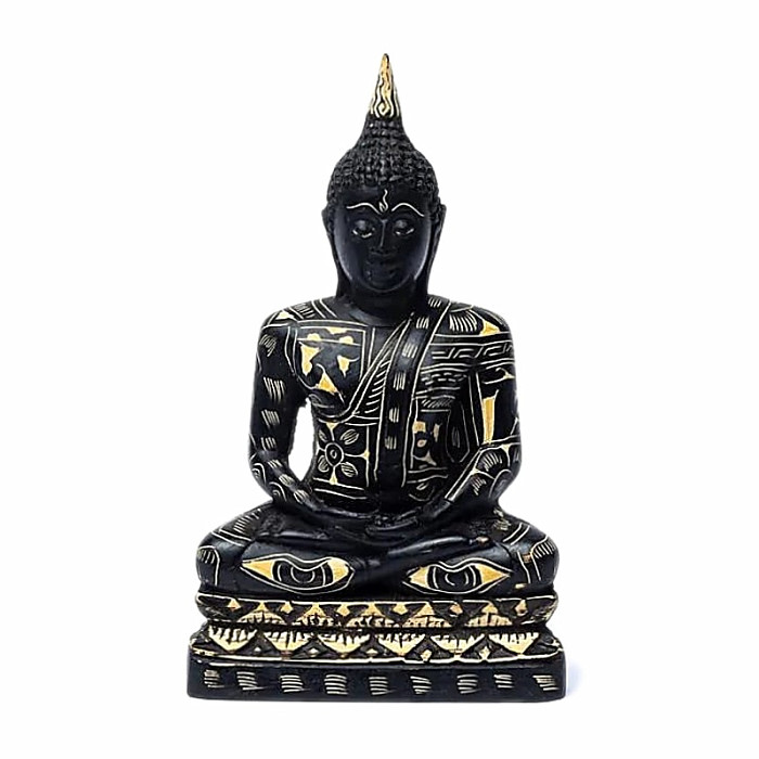 Buddha meditující černozlatý - cca 17 cm