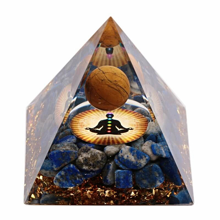 Orgonit pyramida s lapisem lazuli a kuličkou tygřího oka - 6 x 6 x 6